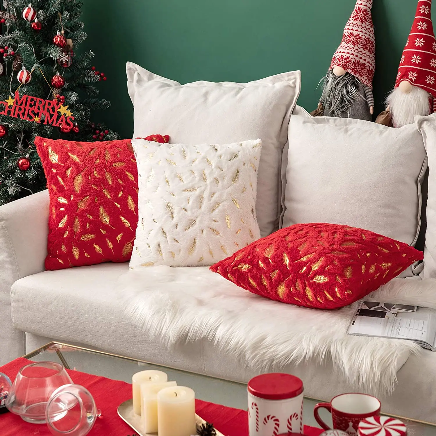 Gilding Leaves Christmas Pillow Case Plush Faux Fur Pillow Covers Xmas Home Decor Cushion Cover 45/40 for Couch Bed Sofa Chair