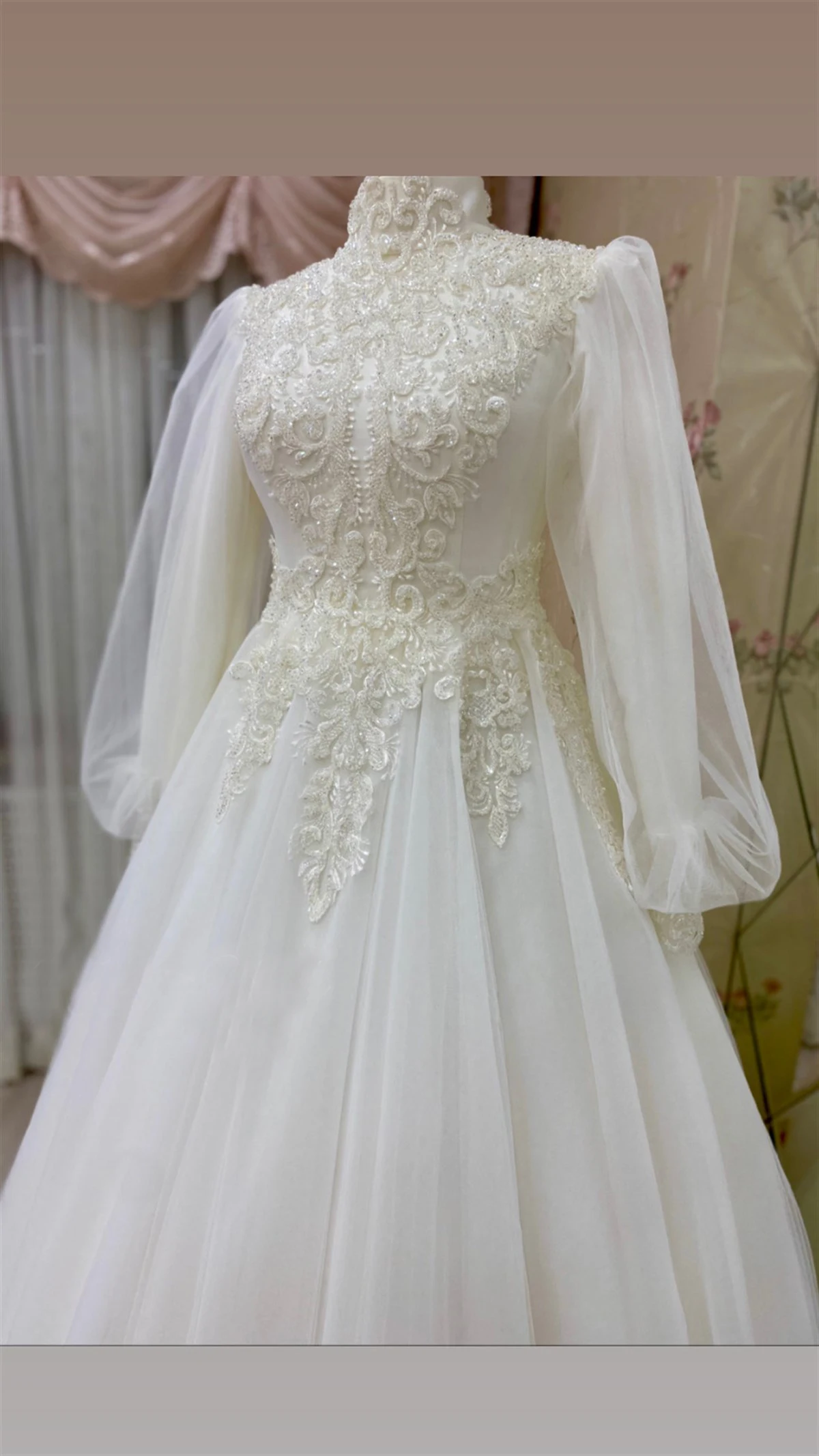 Abiti da sposa musulmani a maniche lunghe per la sposa 2021 abito da ballo in caftano marocchino scollo alto Appliques abito da sposa