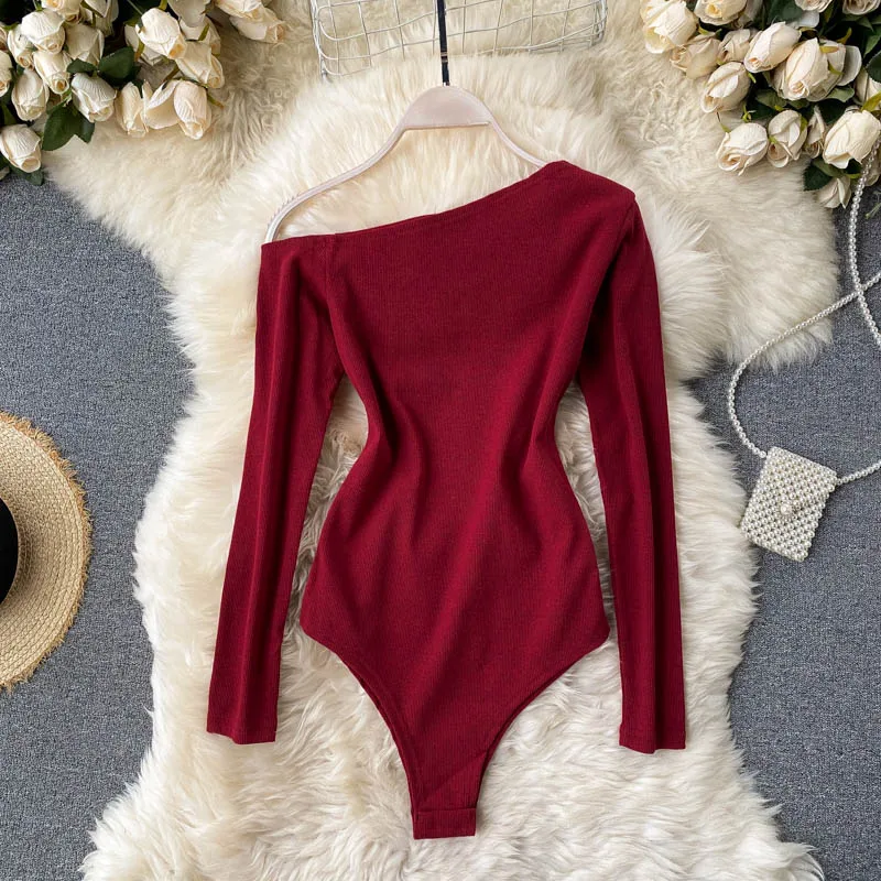 

Off Shoulder Long Sleeve Basic Bodysuit Top Solid Rib Knit Slim Fit Stretch Spring Autumn Women Sexy Skinny Bodysuits