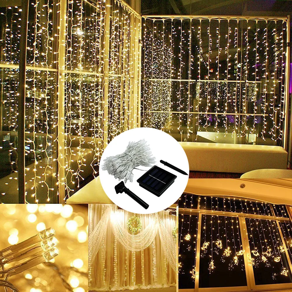Solar Powered Outdoor 3X2M 3X3M  LED Curtain String Lights Waterproof 8 Modes Garden Patio Decorations lights for Wedding Party