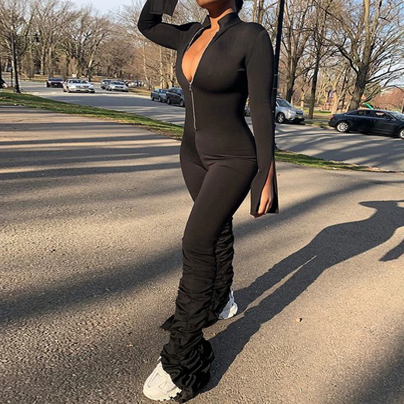 Stacked Black Stretchy Bodycon Jumpsuits Women Turtleneck Slim Solid Streetwear Active Casual Work Out Rompers Fashion Outfits