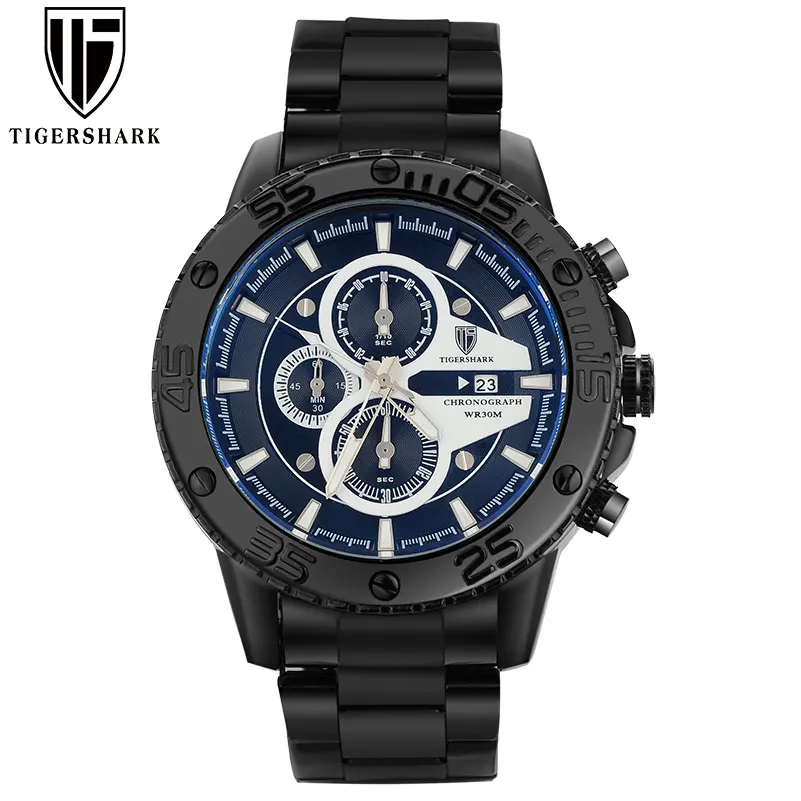 Tigershark men sports watch relógio de quartzo cronógrafo aço inoxidável cinta 30m à prova dwaterproof água relógio relogio masculino t1580