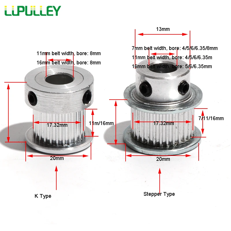 LUPULLEY GT2 28T Timing Belt Pulley Bore 4/5/6/6.35/8mm GT2 28 Teeth Stepper Pulley 7/11/16mm Width Synchronous Pulley Wheels