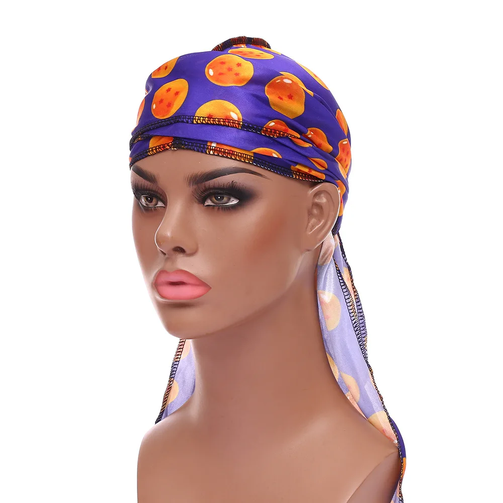 Street Hip-Hop Silky Durags For Men Print Bandana Turban Hat Unisex Doo Durag Wigs Women Headwrap Chemo Cap Long Tail Pirate Hat