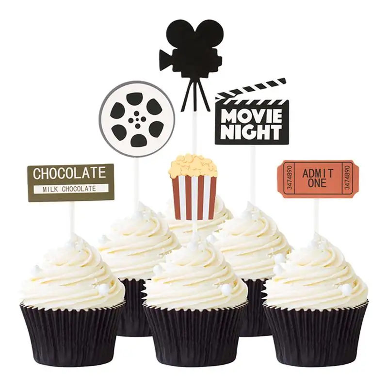 24PCS Creative Cake Inserted Movie Themed Party Decor Popcorn Cinema Ticket Lamplight Camera Cake Picks Funny Movie Party Decor