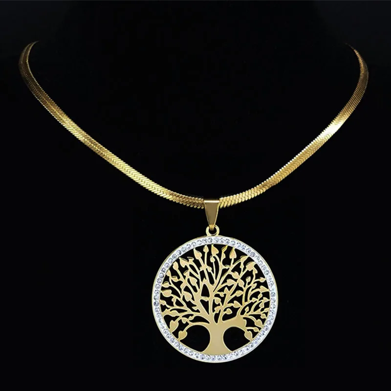 Fashion Tree of Life Stainless Steel Crystal Necklaces Pendants Women Gold Color Neckless Jewelry bijoux acier innoxydable femme