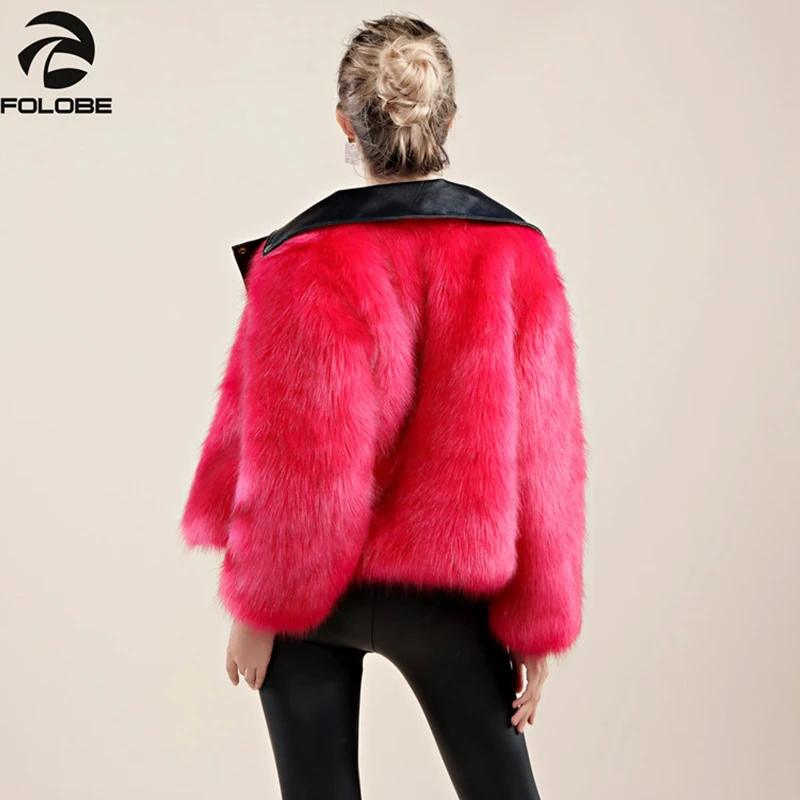 FOLOBE Winter Coat For Women Stylish Faux Fur PU Patchwork Coat Women's Short Style Motorcycle Outwear Jacket Colothing