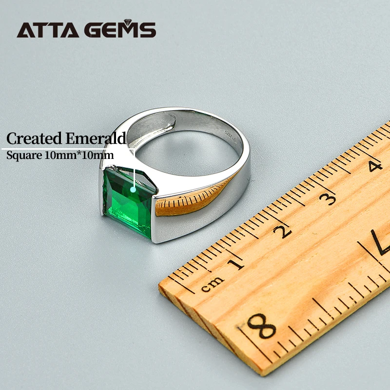 Emerald Sterling Silver Ring 925 Silver Jewelry 4.8 Carats in Square 10mm Created Emerald Green Color With Top Quality For Men