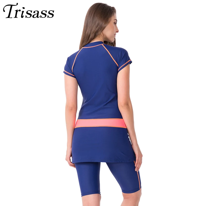 Trisass 2021 New Two Piece Skirt Swimsuit For Women Sports Surf Suit Tankini Long Pants Bathing suit With Zipper Sleeve Swimwear