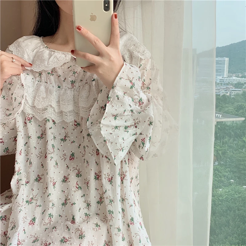 Autunm Women Loose Cotton Linen Sleepdress Lace Ruffles Nightdress Chic Girls Spring Sweet Long Sleeve Floral Printed Nightgown