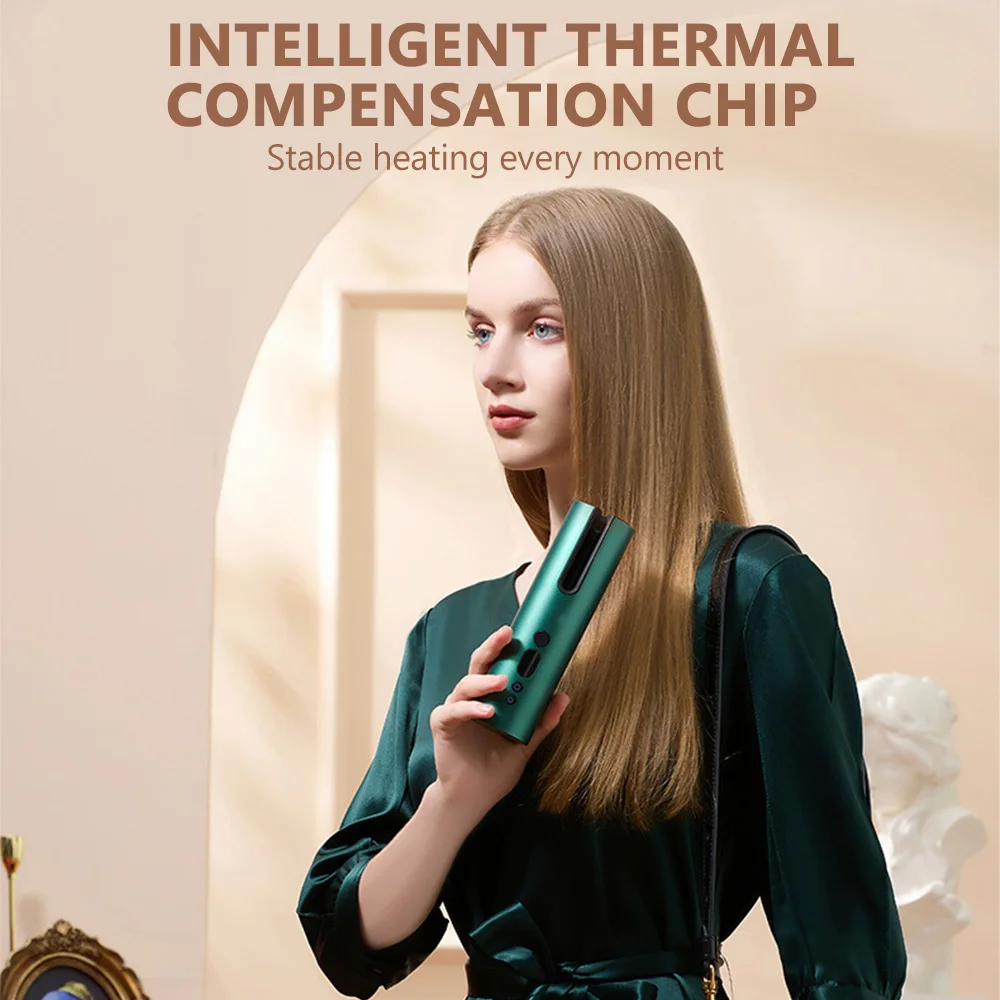 Rizador de pelo automático inalámbrico, plancha giratoria recargable, pantalla LED, temperatura ajustable, herramientas de peinado