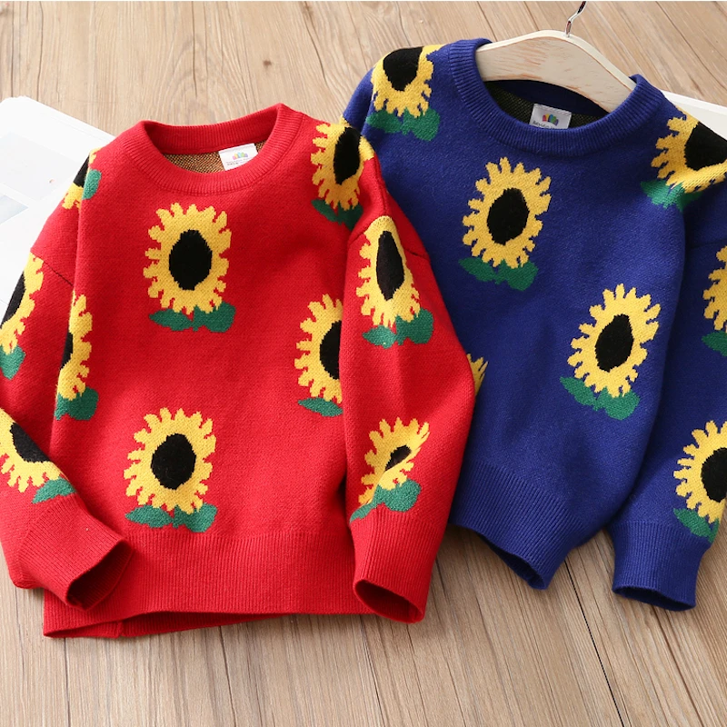 2024 New Autumn Spring Winter Warm 2 3 4 5 6 8 10 Years Baby Children Pullover Flower Print Knitted Thick Sweater For Kids Girls