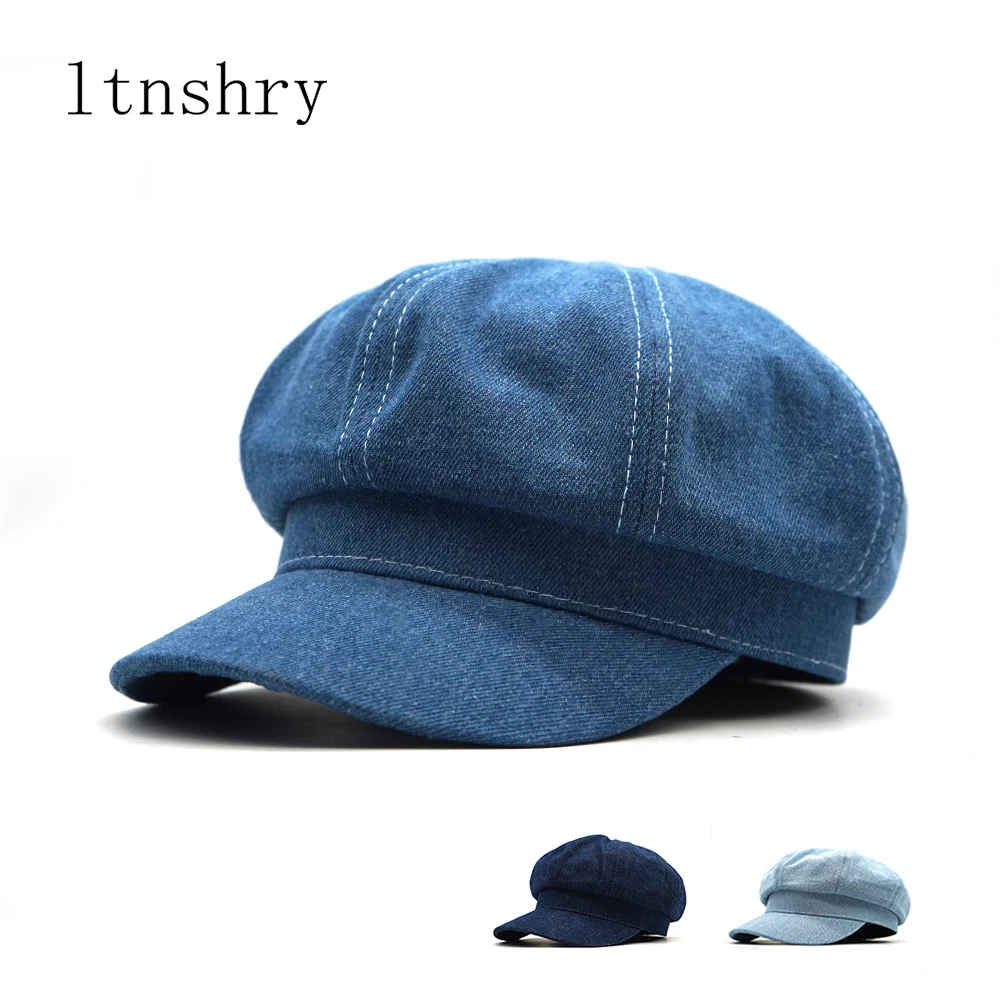 New Women Leisure Octagonal Hat Ladies Denim Beret Hat Cowboy Cap Newsboy Gatsby Cap Octagonal Baker Peaked Beret Driving Hat