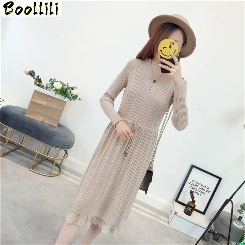 

Women's Boollili 2023 Turtleneck Knitted Dress Female Fashion Autumn Winter Long Sleeve Casual Black Lace Dresses Vestidos