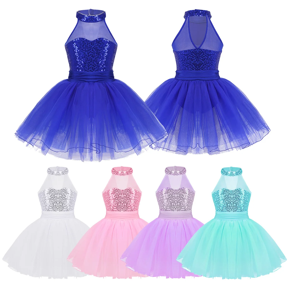 

Kids Sleeveless Sequins Mesh Splice Dancewear Girls Ballet Tutu Dress Gymnastics Leotard Stage Performance Lyrical Dance Costume