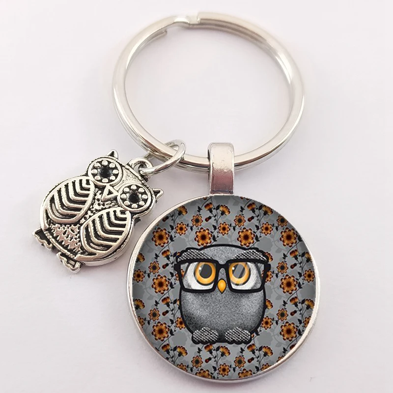 New cute cartoon owl key chain animal owl pattern key ring key ring chain holder glass convex round charm bag key chain