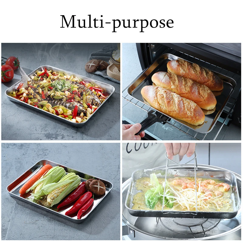 Rectangular Thicken Steaming Plates Stainless Steel Cake Bread Pan Food Vegetables Storage Drain Tray Kitchen Baking Accessories