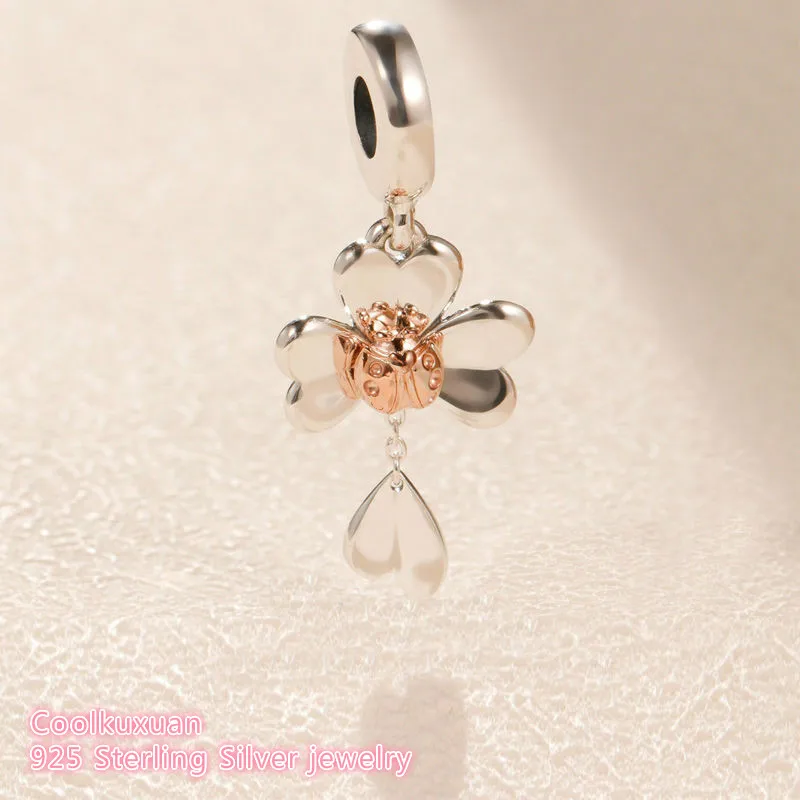 

Spring 100% 925 Sterling Silver Clover & Ladybird Dangle Charm Rose gold beads Fits Original Pandora bracelets diy Jewelry