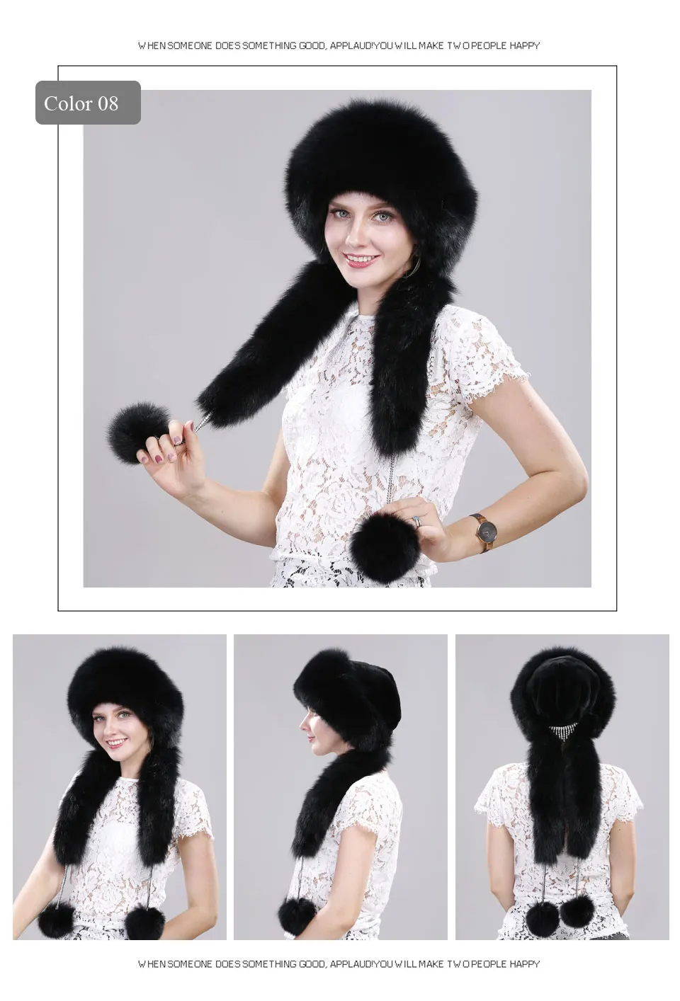 Echte Fuchspelzmütze mit Kaninchenfell-Oberteil, Wintermützen für Mädchen mit langen Pompons, Russische Trappermützen, Bombermützen, Bonnets für Frauen – Detail 10