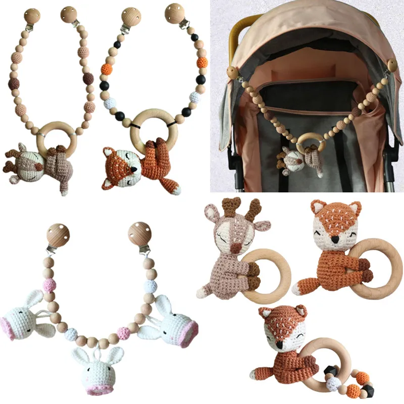 OOTDTY Crochet Elk Bunny Rattle Toys Wooden Baby Pram Clip Baby Gym Stroller Hanging Pendant Newborn Crib Mobile Rattle Toys