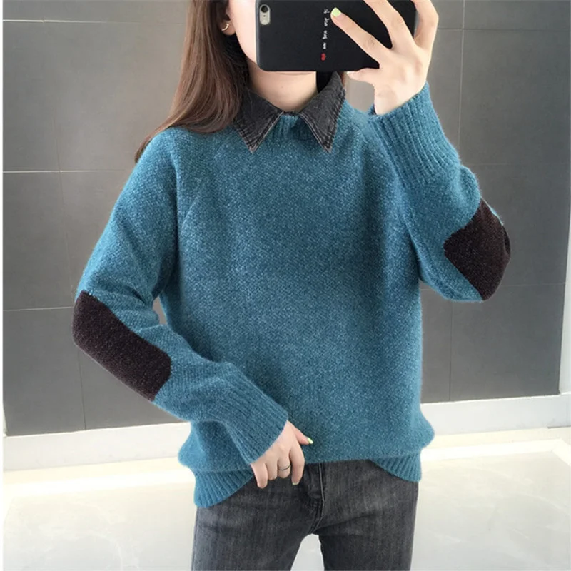 

Autumn Winter Splicing Lapel Knitted Sweater Women 4 Color Vintage Slim Short Patchwork Long Sleeve Knit Pullovers Tops Female