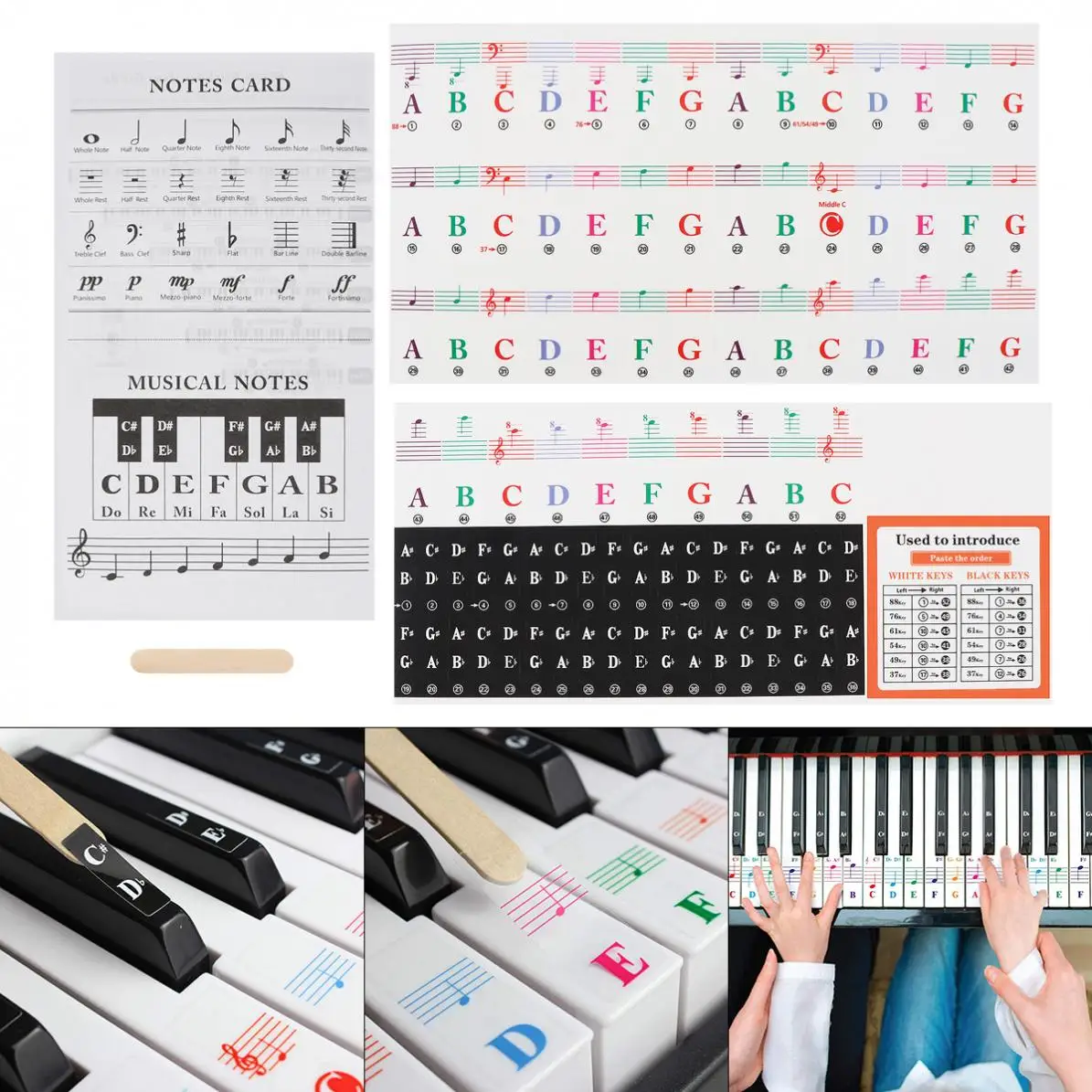 1 Set 25 / 49 / 54 / 61 / 88 Color Transparent Piano Keyboard Stickers Electronic Keyboard Key Piano Stave Note Sticker Symbol