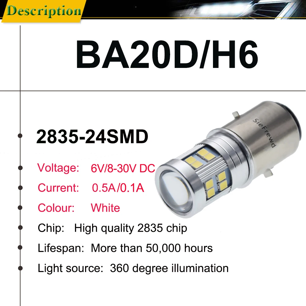 1Pcs BA20D LED 6V 12V Motorcycle Motorbike Headlight Bulb Light 2835 24SMD H6 Scooter Moped ATV Moto Hi/Lo Beam Headlamp White