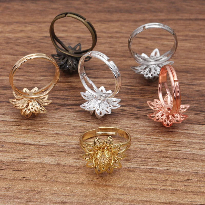 200pcs Women Copper Adjustable Ring Settings Blanks with Filigree Flowers Charms Ring Base DIY Jewelry Making Findings Supplies