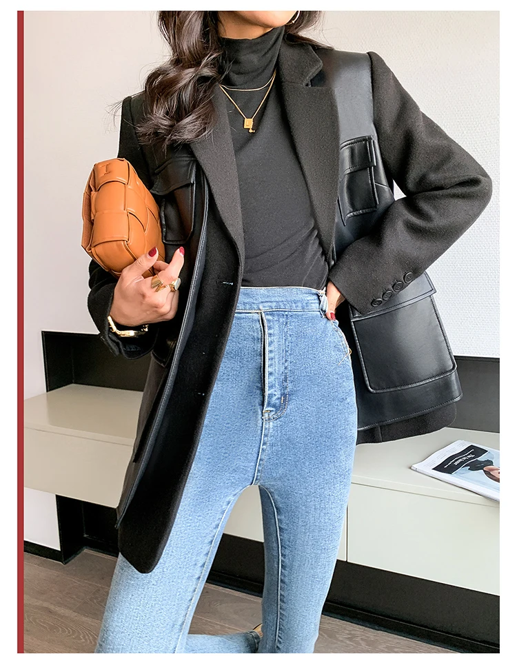 Nerazzurri Autumn Black Wool Blends Patchwork Leather Jacket Women with Many Pockets Long Sleeve Korean Fashion Streetwear 2022