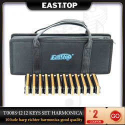 EASTTOP T008S-12 10 Holes Diatonic Blues Harmonica Set Of 12 Harp Mouth Organ Set For Adults Professionals With Black Case