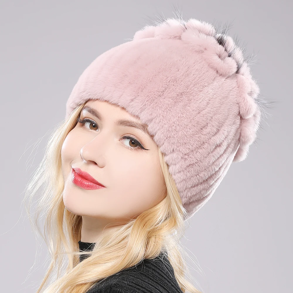 Fur Hats for Women Winter Real Rex Rabbit Hat Fox Fur Knit Female Warm Snow Caps Ladies Beanies Luxury Women Winter Bomber Hat