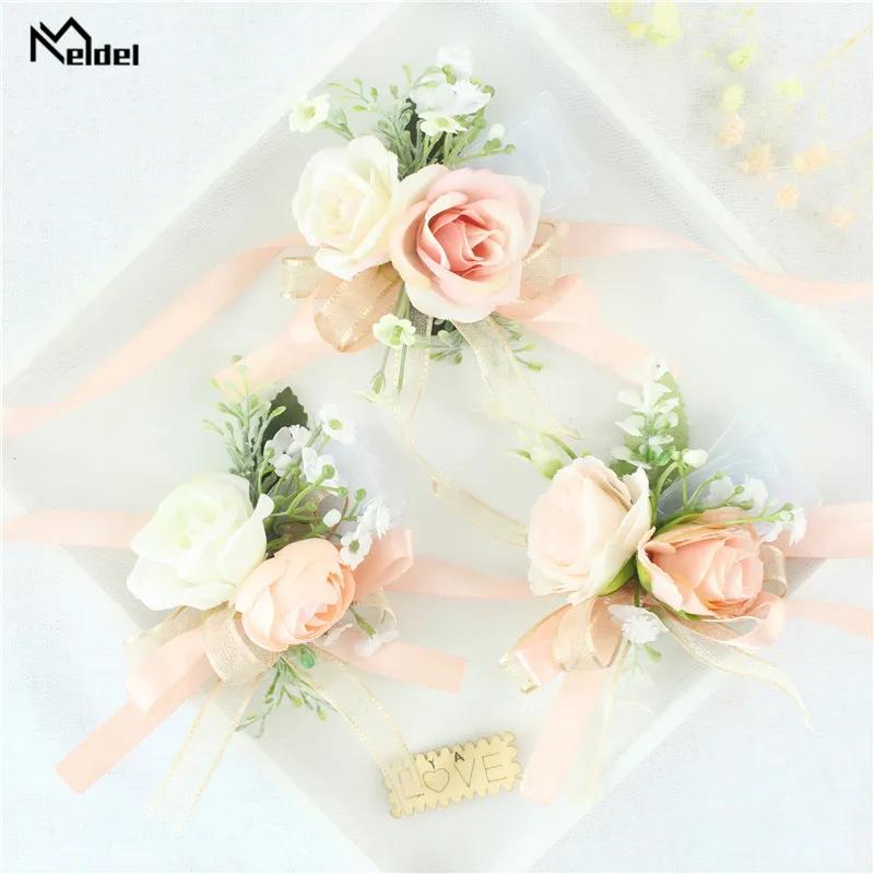 Pink Floral Wrist Corsage Bracelets Ribbon Rose Bridesmaid Groom Hand Flowers Wedding Boutonnieres Marriage Prom Accessories