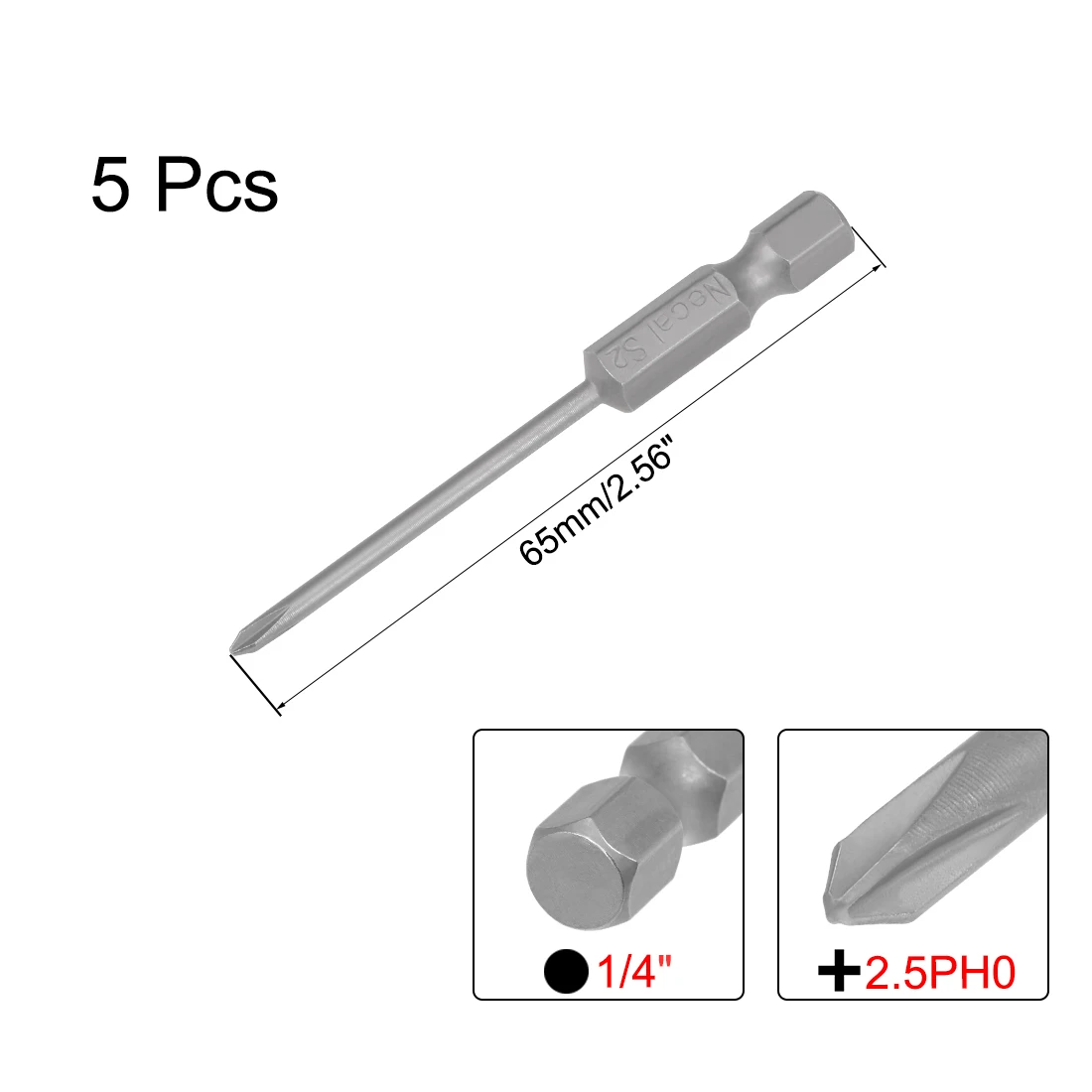 Uxcell 5Pcs 2.5mm PH0 Magnetic Phillips Screwdriver Bits 1/4 Inch Hex Shank 2.56-inch Length S2 Power Tool