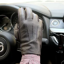 Deerskin Gloves Men's Touch Screen High-Quality Leather 2023 New Hand-Stitched Thin Wool Lining Keeps Warm in Autumn and Winter