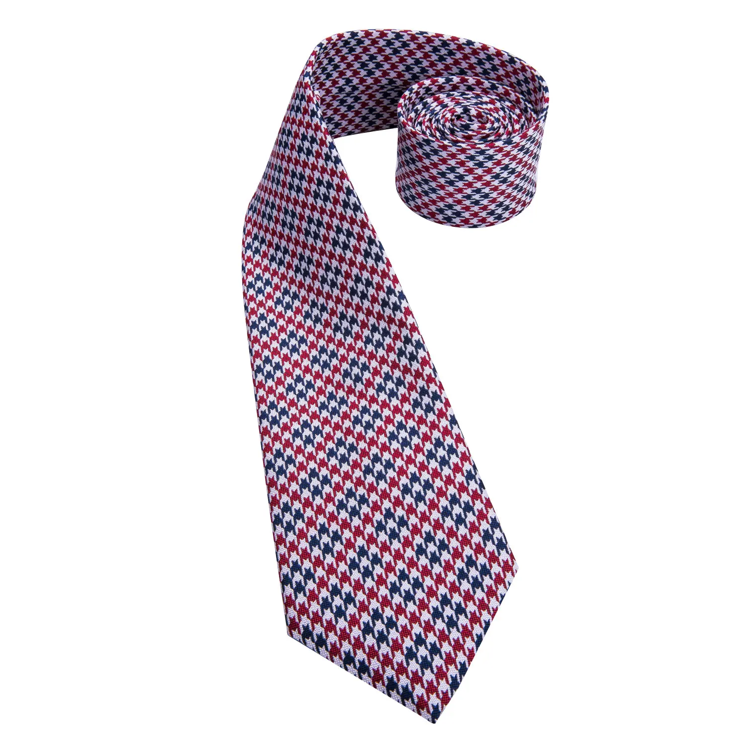 Hi-Tie Red Houndstooth Plaid Necktie For Men Blue Luxury Men's Tie Set Silk 8.5cm Large Fashion Hanky Cufflinks Set Quality