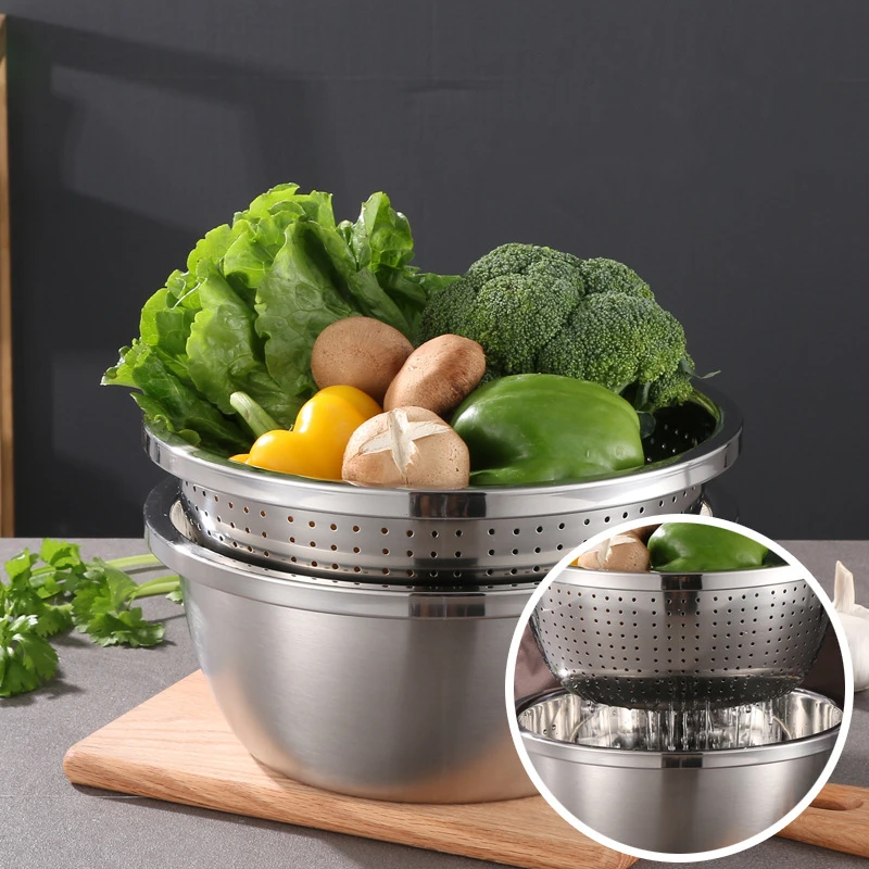 304 Stainless Steel Vegetables Basin Egg Mixing Bowls Rice Sieve Drain Basket Soup Basin Strainer Kitchen Cooking Storage Tools