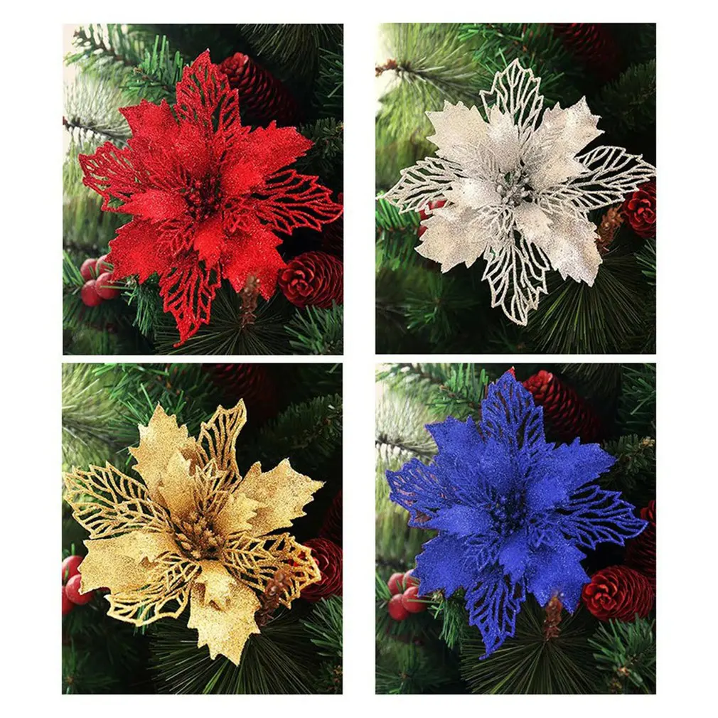 Conjunto de 6 piezas de adornos de flores huecas de Navidad, accesorios florales de purpurina, Corona de Navidad, decoraciones de árbol para fiesta, hogar y boda