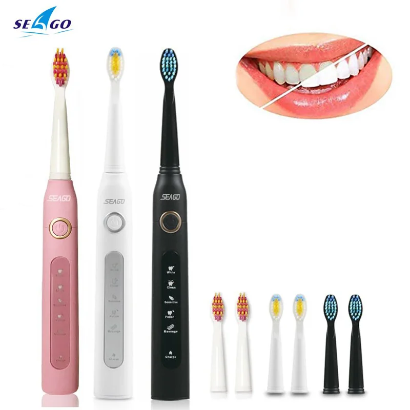 Seago Electric Toothbrush Electric Sonic Wave Rechargeable Smart Teeth Brush Head Replaceable Whiten Teeth Massage Gum 5 Modes