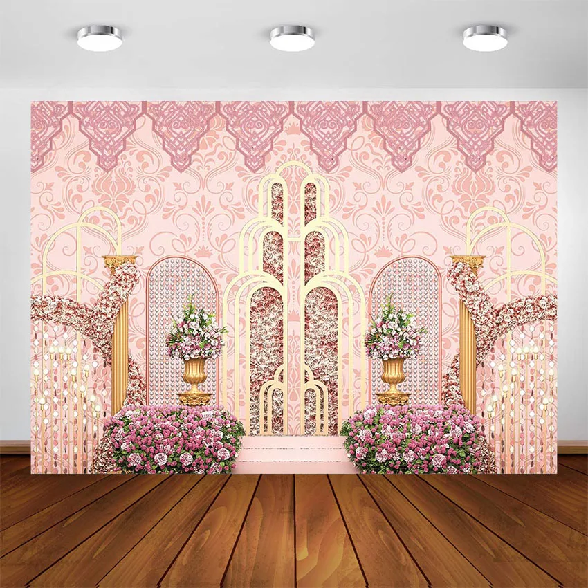 Fondo de fotografía de jardín de flores de belleza, decoración de fiesta de cumpleaños de Castillo de princesa rosa, fondo para estudio fotográfico