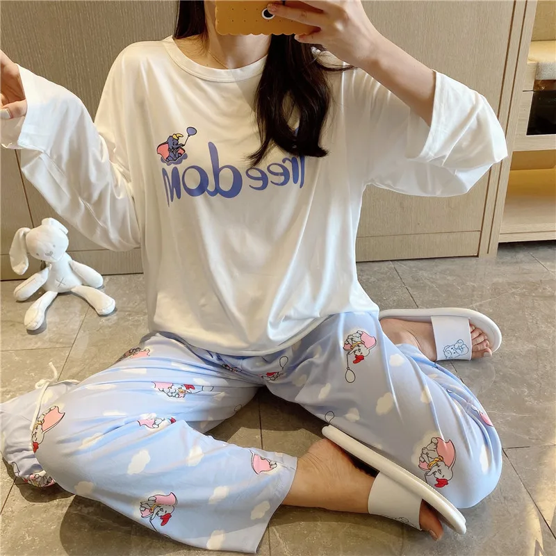 Disney Girl Daisy Printed Spring and Autumn Bag Pajamas Women Cute Cartoon Long Sleeve Long Pants Homewear Set Pajamas