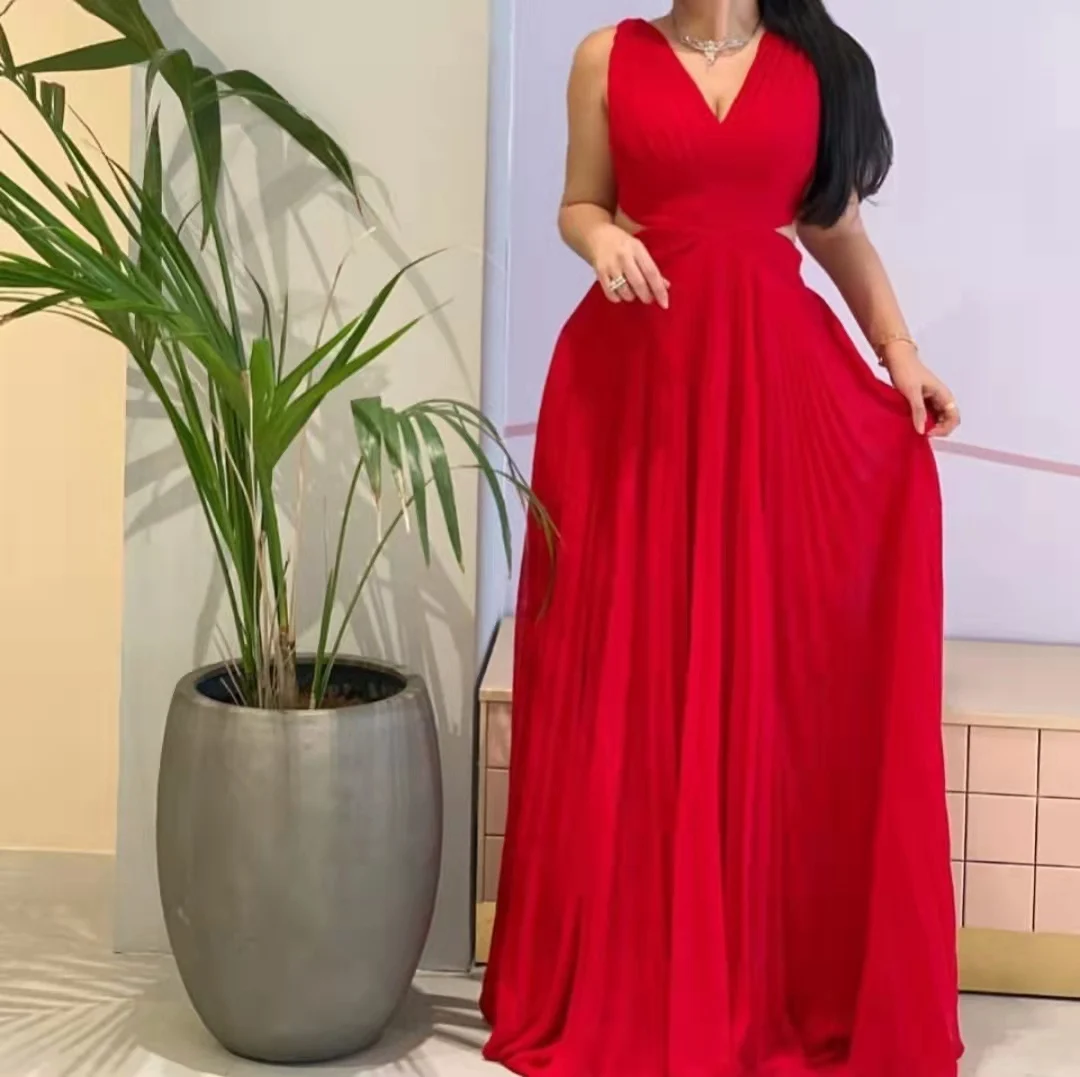 Personalizado sexy longo chiffon azul com decote em v vestidos de noite plissado até o chão criss cross back formal vestidos de festa para mulher