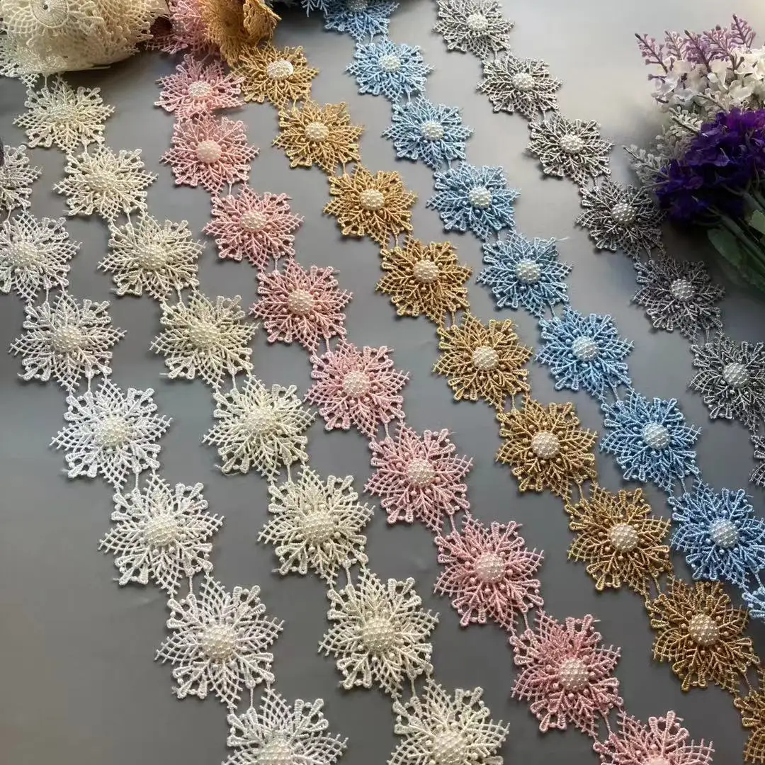 10pcs/lot Pearl Flower Snowflake Organza Embroidery Fabric Lace Patch Trim Ribbon Clothes DIY Applique 3D Beading Wedding Dress