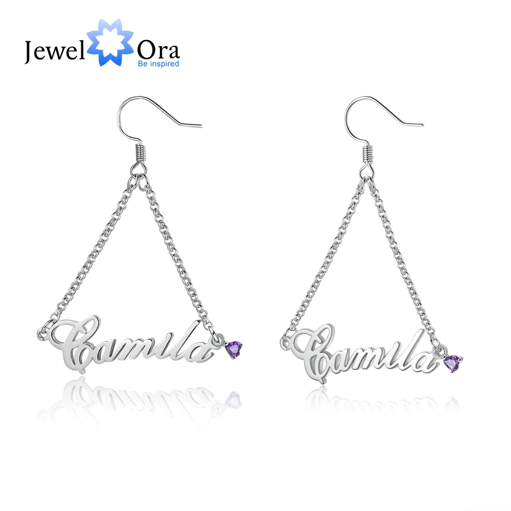 

JewelOra Customized Name Dangle Earrings with 2 Heart Birthstones Personalized Letters Tassel Earrings for Women Gifts for Her