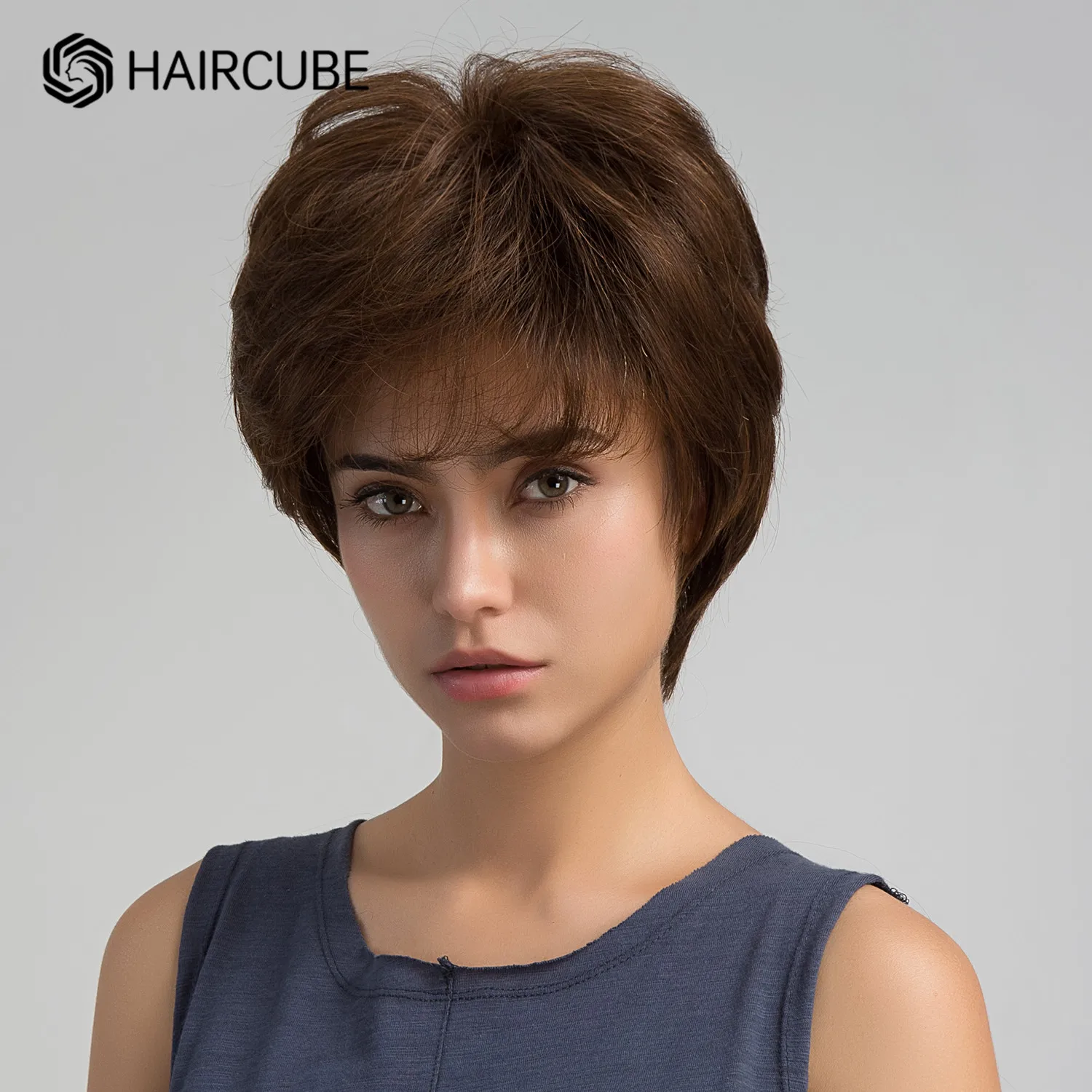 Rambut Palsu Campuran Rambut Manusia Cokelat Pendek HAIRCUBE untuk Wanita Wig Potongan Pixie Berlapis dengan Rambut Tahan Panas Lembut Bang Alami