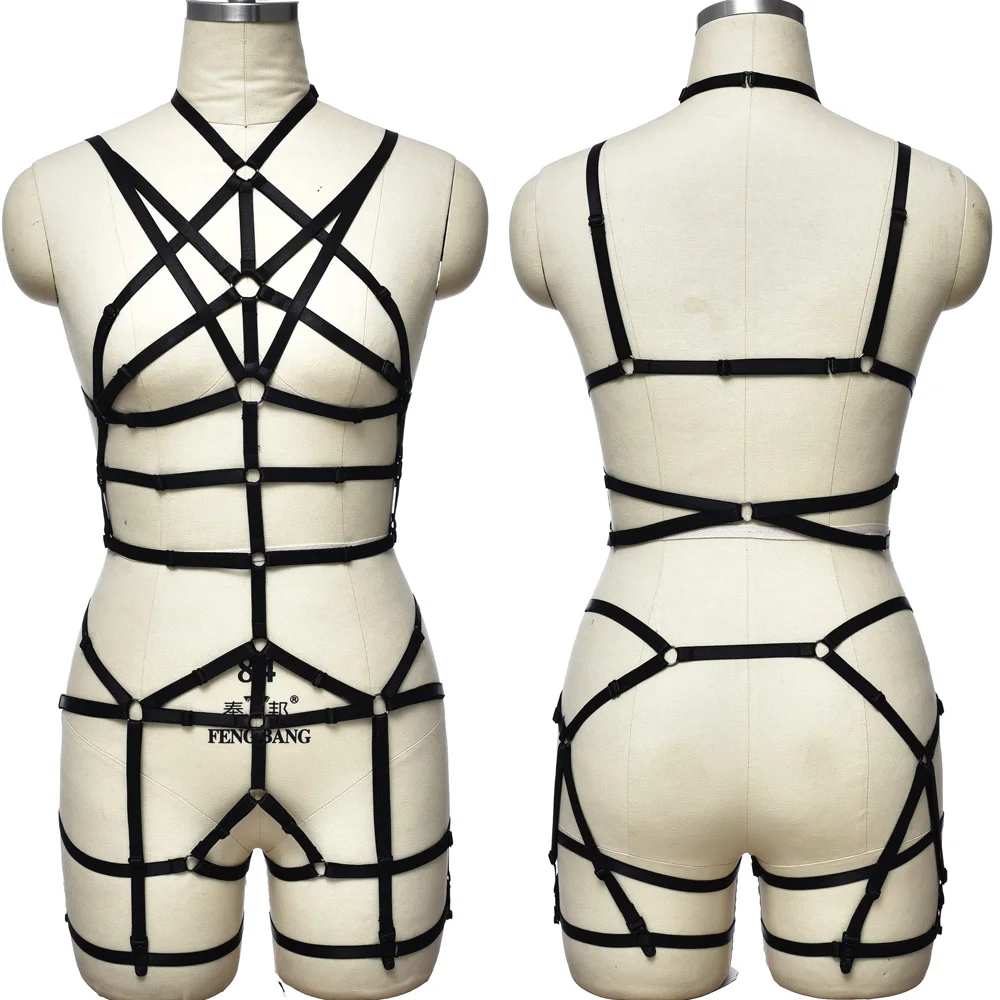 

Black Bondage Body Cage Bra Harness Belt Adjustable Sexy Lingerie Set Elastic Hollow Full Bodysuit Body Harness Leg Garter