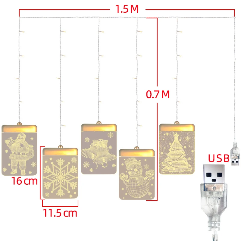 Guirnalda de luces LED 3D para decoración de habitación de Año Nuevo, guirnaldas de luces de hadas de Navidad, USB, colgante, fiesta de boda, Acrílico