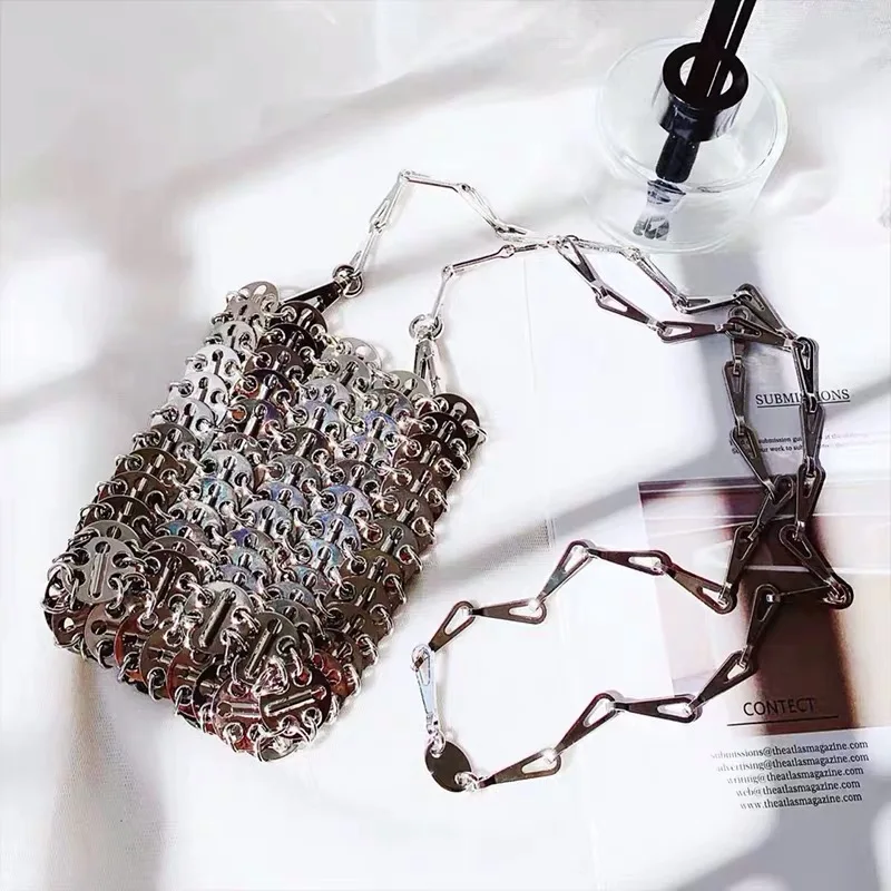 Luxury Designer Women Bags Pure Metal Sequins Chain Woven Bag Hollow Evening Bags Clutch Female Travel Holiday Shoulder Bag