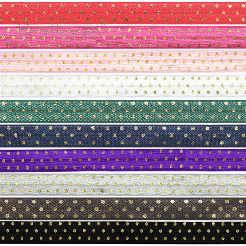 

BRISTLEGRASS Wholesale 50 Yard 5/8" 15mm Gold Polka Dot Foil Print Fold Over Elastics Spandex Satin Band Tutu Dress Sewing Trim