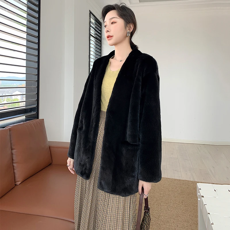 Fstmxur 2021 New Update Winter Copenhagen Imports Velvt Mink Fur Coat Womens Jacket Full Sleeve V-Neck Soft Short Mink Fur Coats