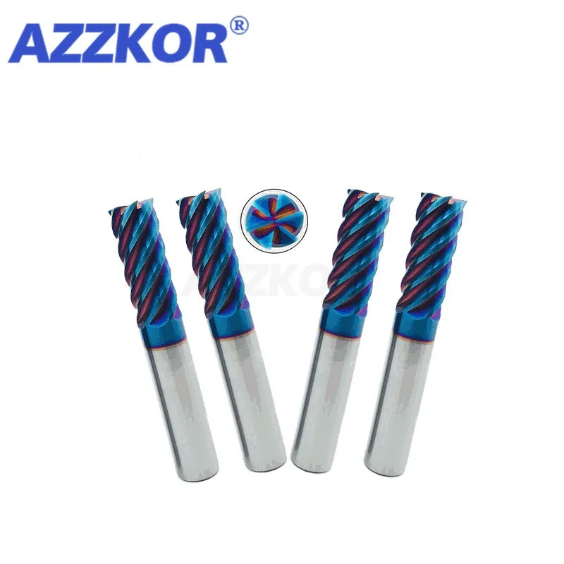 AZZKOR HRC70 6-Flute Tungsten Steel Carbide Blue Nano Coating Flate Milling Cutter CNC Machine Machining Endmill Tools